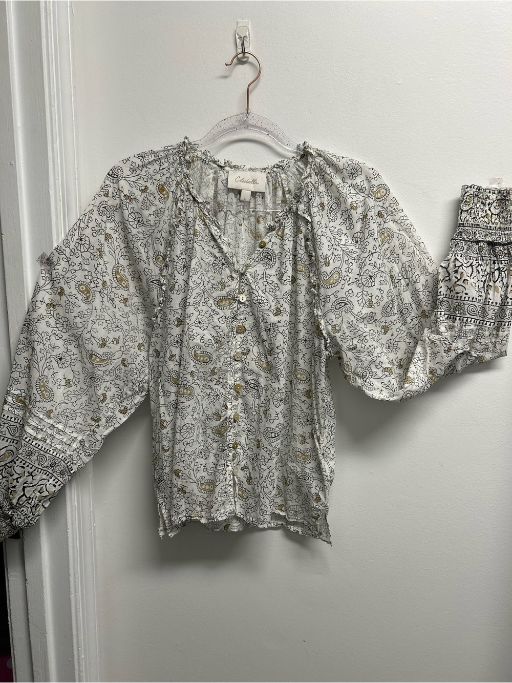 Boho Paisley Button-Front Women's Top in White and Gold